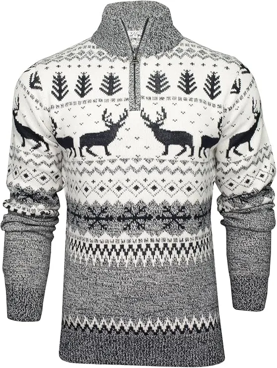 1/4 Zip Reindeer Christmas Jumper - Ecru