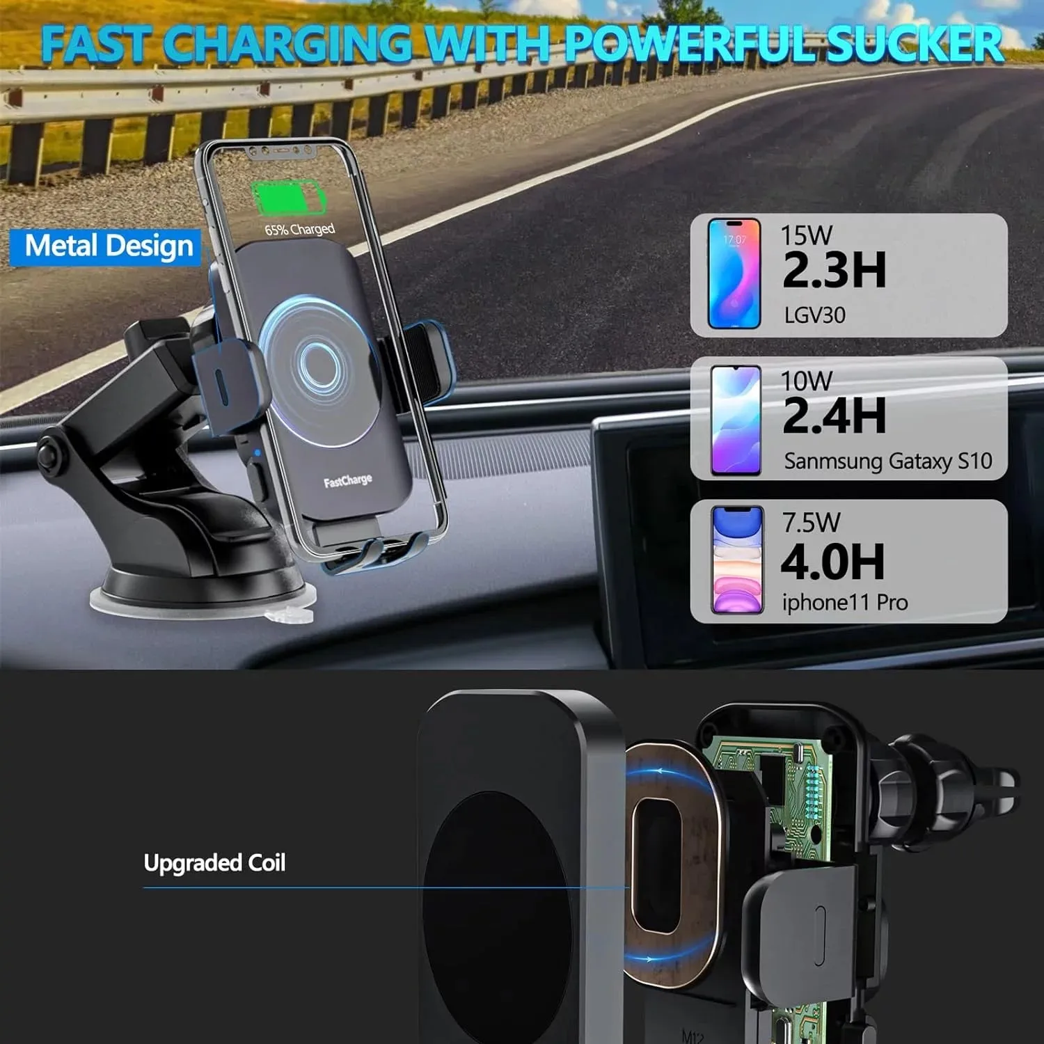 15W Wireless Car Charger Mount – Fast Charging, Auto-Clamp for iPhone & Samsung Galaxy