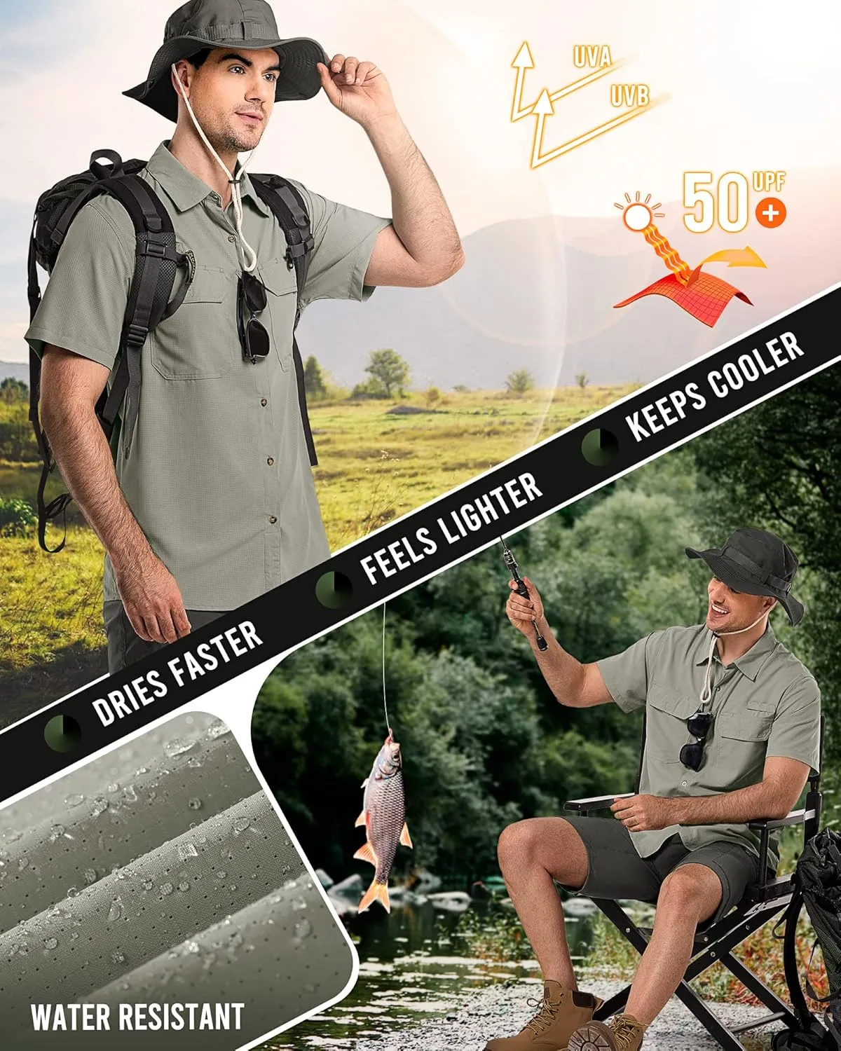 33,000ft Men's UPF 50  UV Short Sleeve Hiking Fishing Shirt Quick Dry Cooling PFG Sun Protection Shirt for Travel Safari