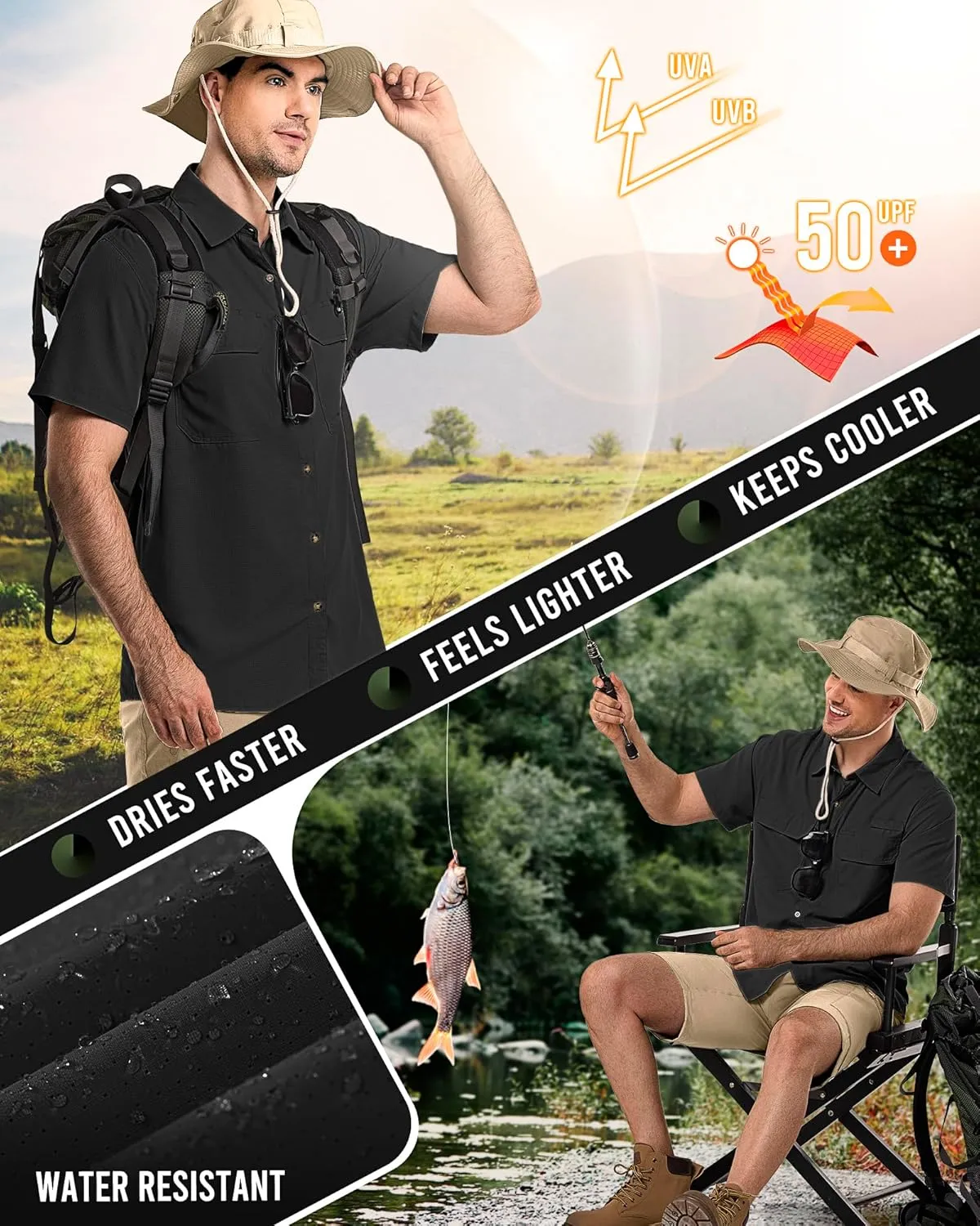 33,000ft Men's UPF 50  UV Short Sleeve Hiking Fishing Shirt Quick Dry Cooling PFG Sun Protection Shirt for Travel Safari