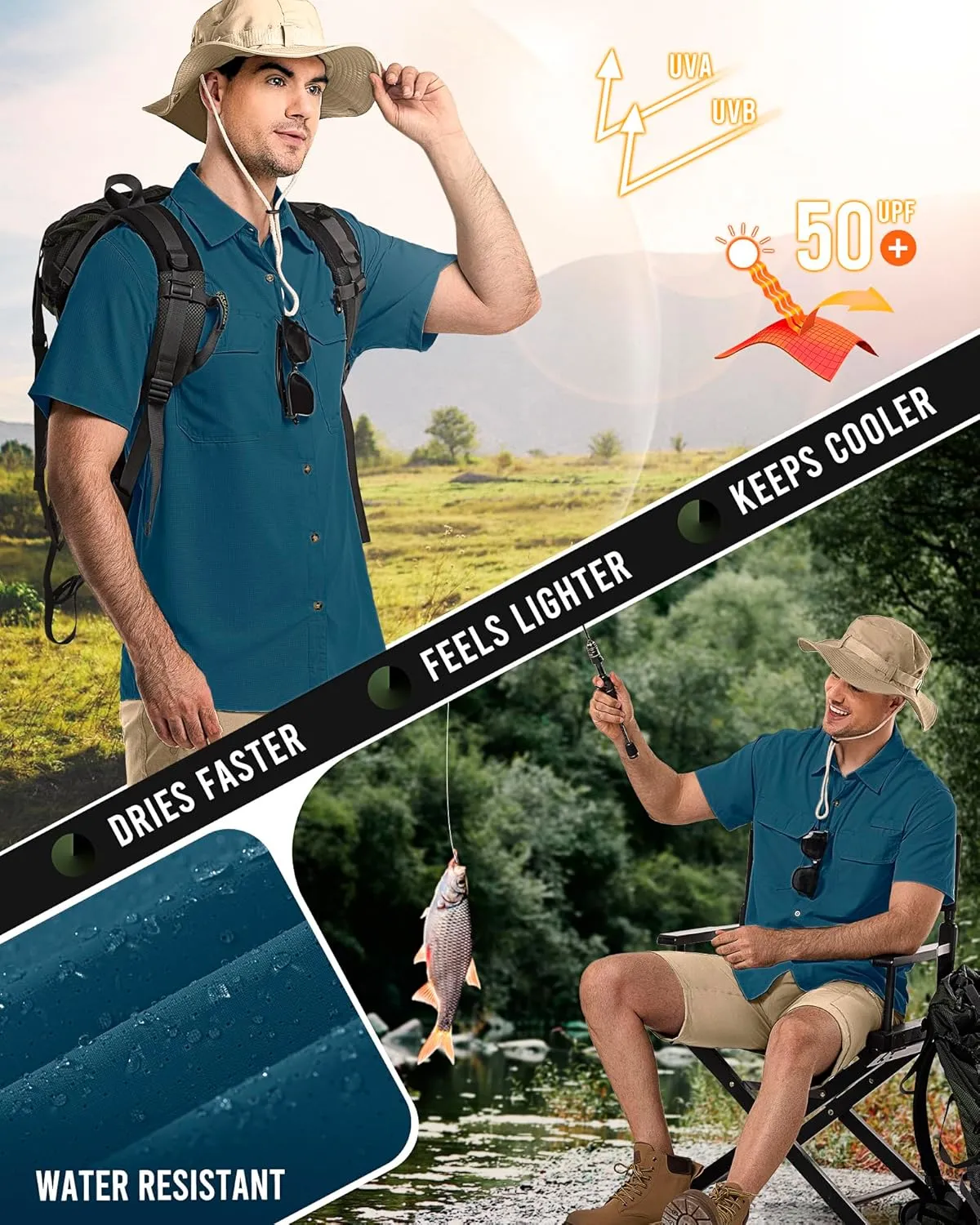 33,000ft Men's UPF 50  UV Short Sleeve Hiking Fishing Shirt Quick Dry Cooling PFG Sun Protection Shirt for Travel Safari