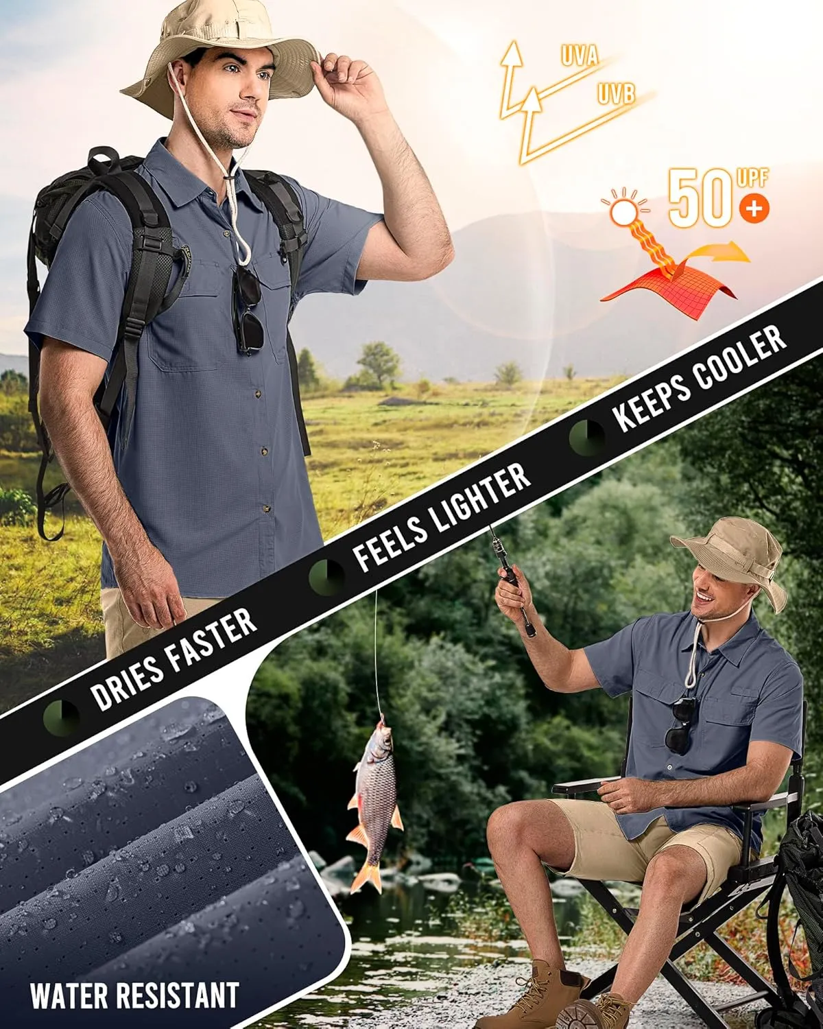 33,000ft Men's UPF 50  UV Short Sleeve Hiking Fishing Shirt Quick Dry Cooling PFG Sun Protection Shirt for Travel Safari