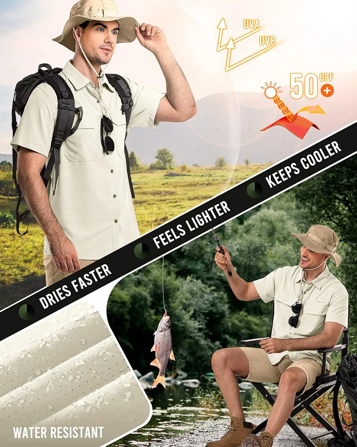 33,000ft Men's UPF 50  UV Short Sleeve Hiking Fishing Shirt Quick Dry Cooling PFG Sun Protection Shirt for Travel Safari