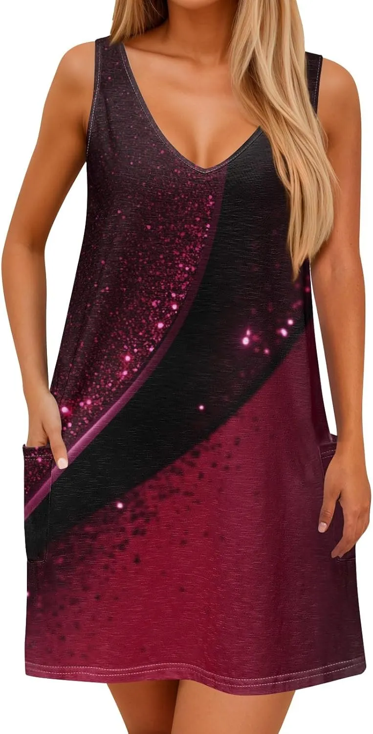 ADHOWBEW Beach Dresses for Women 2025 V Neck Tropical Elegant Casual Sleeveless Sexy Plus Size Flowy Dress