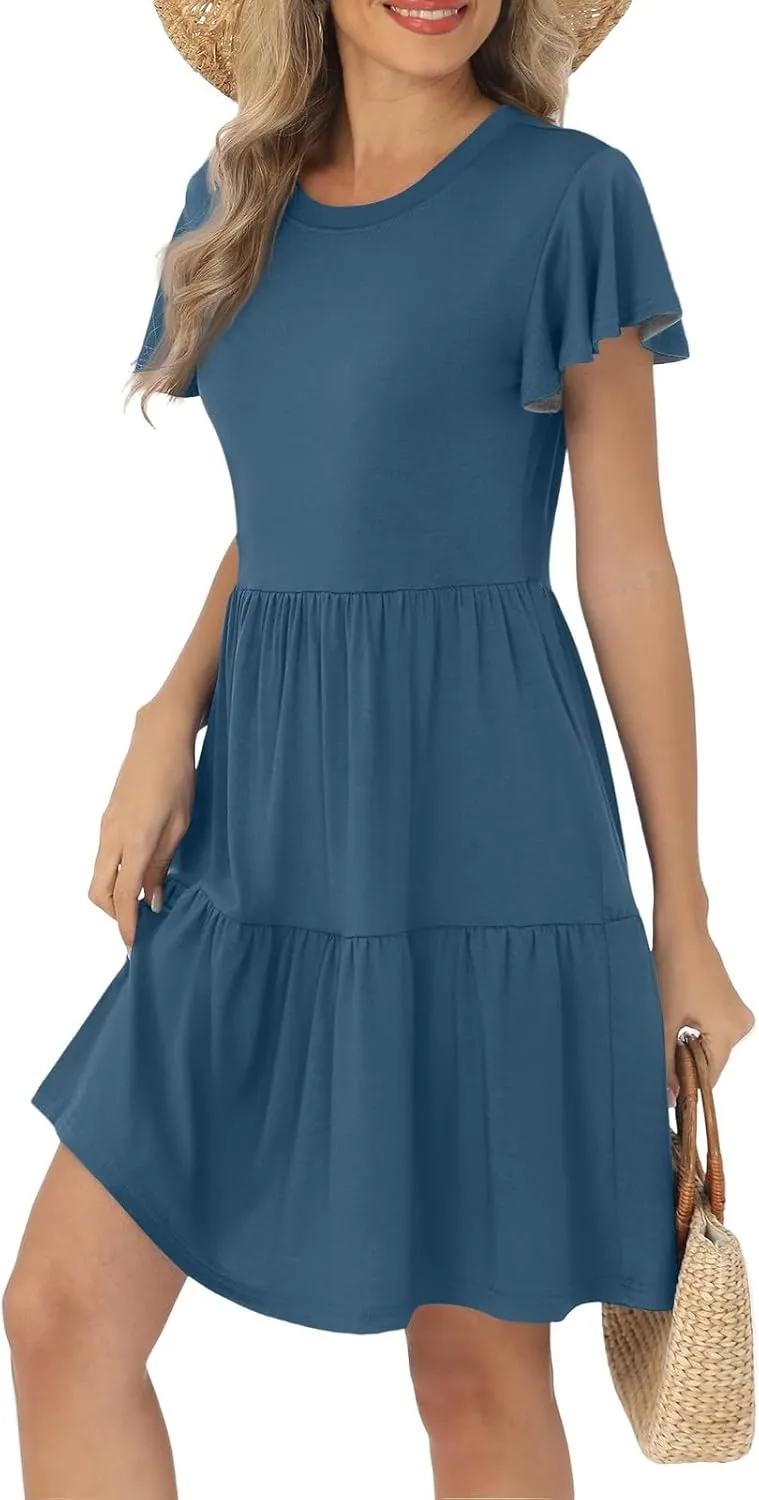 ADHOWBEW Dresses for Women 2025 Vacation Elegant O Neck Casual Trendy Floral Empire Waist Short Sleeve Dresses