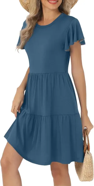 ADHOWBEW Dresses for Women 2025 Vacation Elegant O Neck Casual Trendy Floral Empire Waist Short Sleeve Dresses
