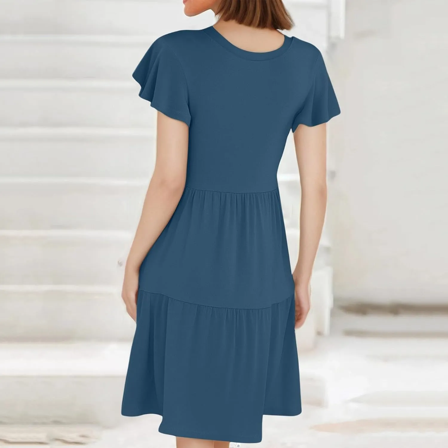 ADHOWBEW Dresses for Women 2025 Vacation Elegant O Neck Casual Trendy Floral Empire Waist Short Sleeve Dresses