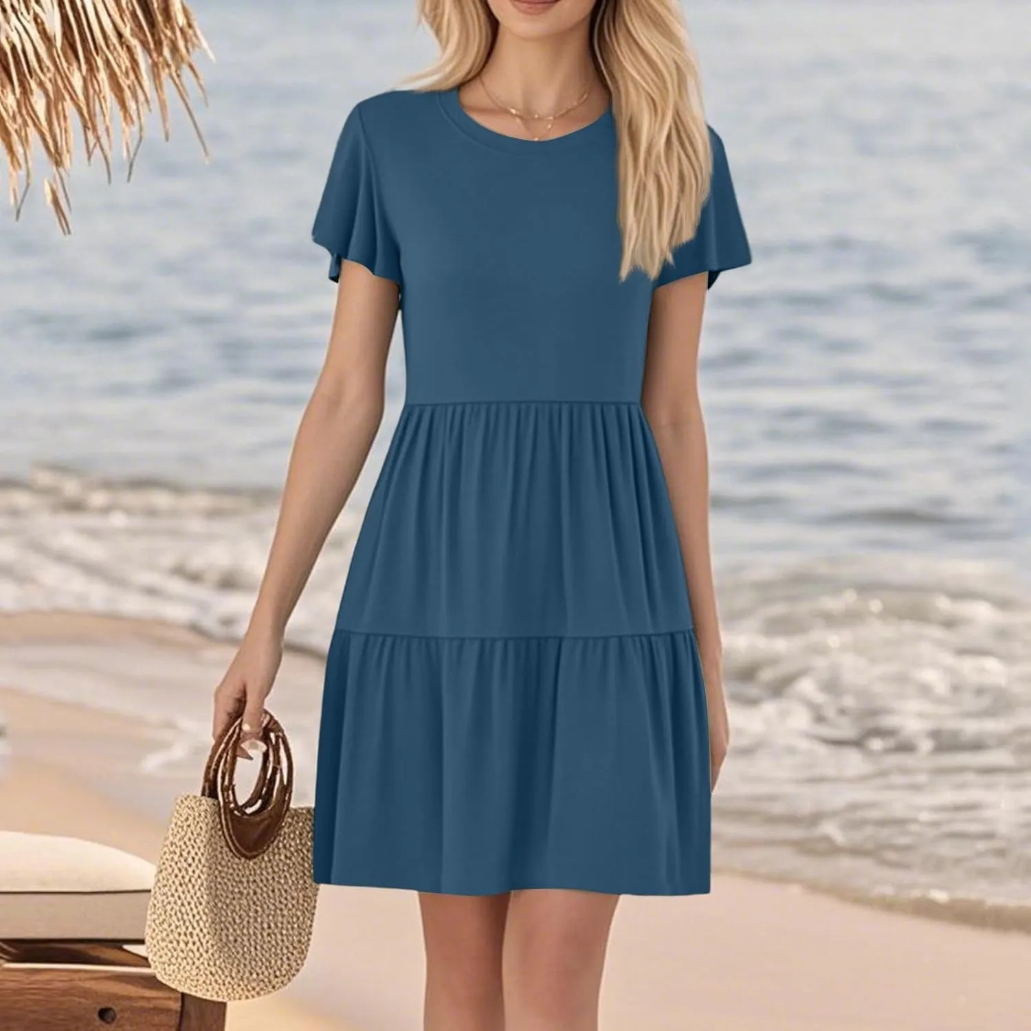 ADHOWBEW Dresses for Women 2025 Vacation Elegant O Neck Casual Trendy Floral Empire Waist Short Sleeve Dresses