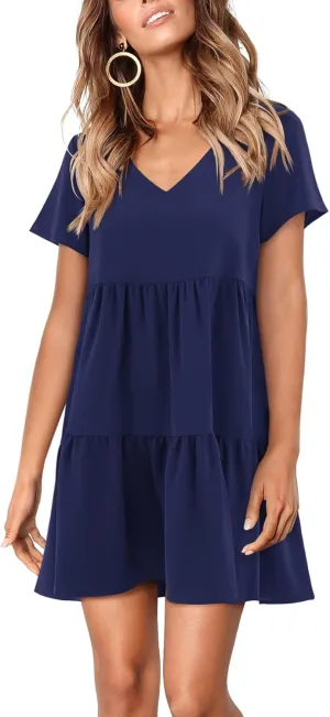 Amoretu Women Summer Tunic Dress V Neck Short Sleeve Casual Loose Flowy Swing Shift Dresses