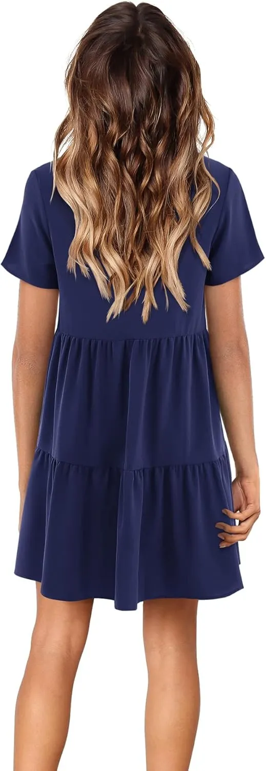 Amoretu Women Summer Tunic Dress V Neck Short Sleeve Casual Loose Flowy Swing Shift Dresses