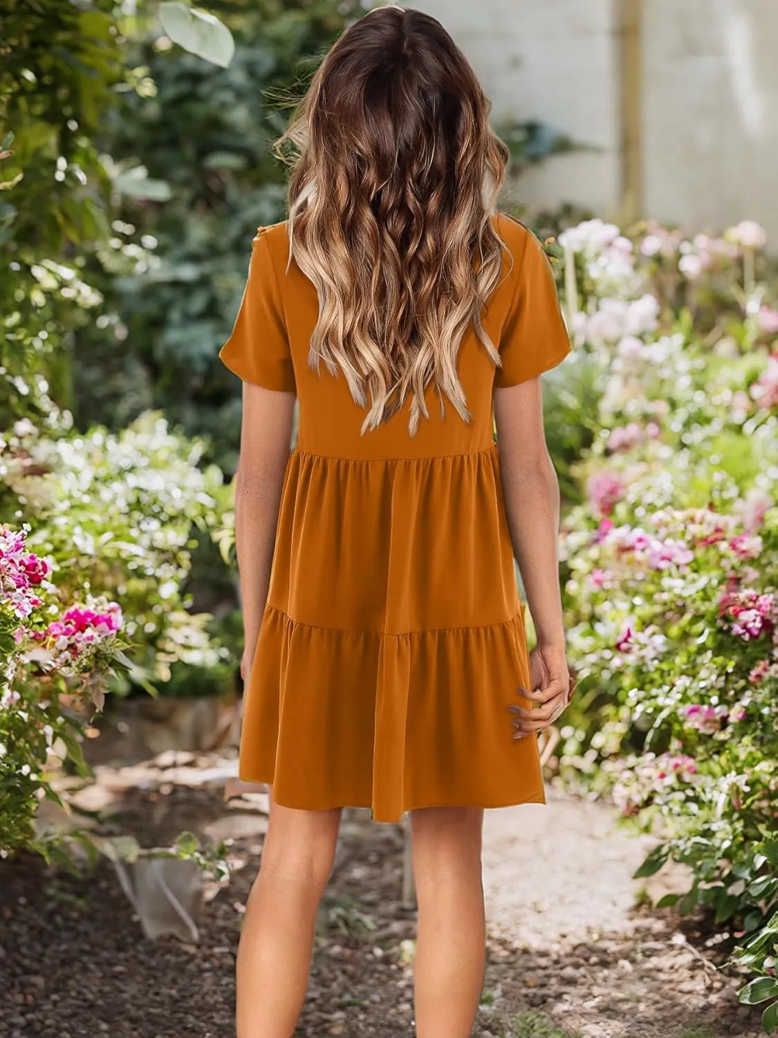 Amoretu Women Summer Tunic Dress V Neck Short Sleeve Casual Loose Flowy Swing Shift Dresses