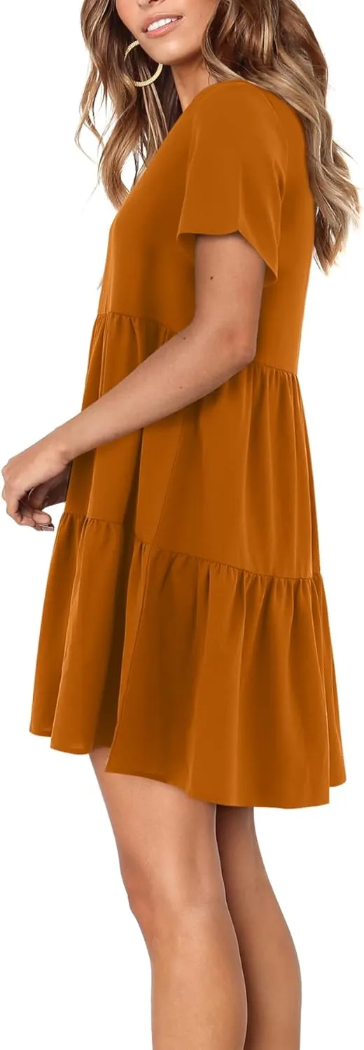 Amoretu Women Summer Tunic Dress V Neck Short Sleeve Casual Loose Flowy Swing Shift Dresses