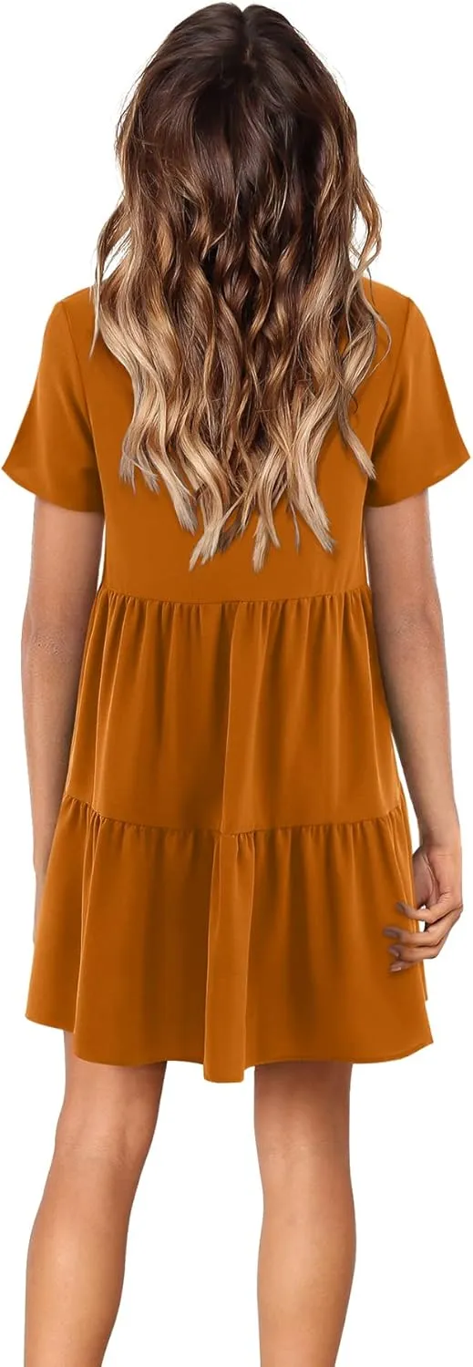 Amoretu Women Summer Tunic Dress V Neck Short Sleeve Casual Loose Flowy Swing Shift Dresses