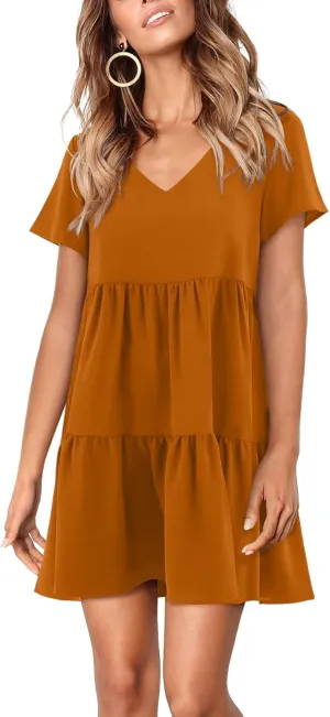 Amoretu Women Summer Tunic Dress V Neck Short Sleeve Casual Loose Flowy Swing Shift Dresses