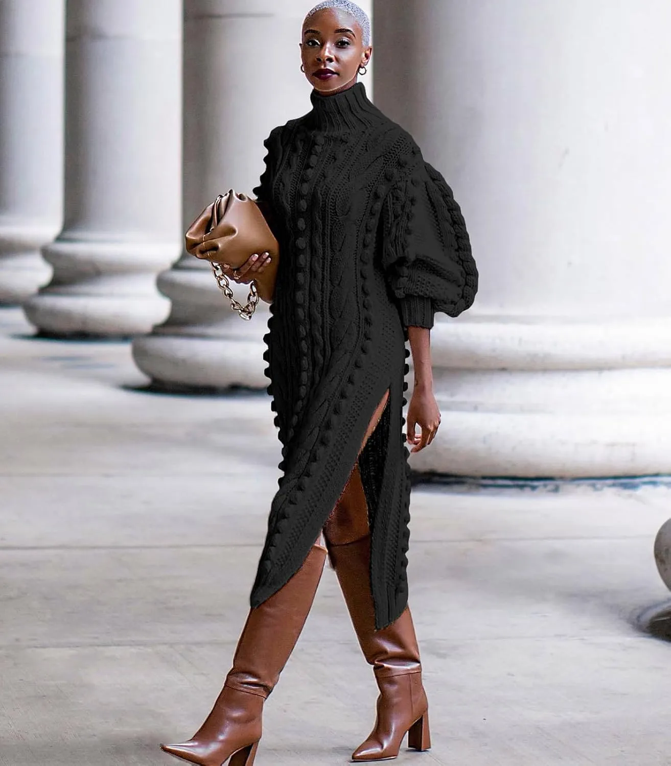 Angsuttc Women's Sweater Dresses Textured Knit Puff Sleeve High Neck High Split Hem Maxi Dress