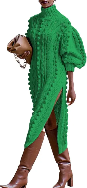 Angsuttc Women's Sweater Dresses Textured Knit Puff Sleeve High Neck High Split Hem Maxi Dress
