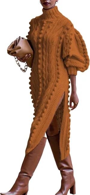 Angsuttc Women's Sweater Dresses Textured Knit Puff Sleeve High Neck High Split Hem Maxi Dress