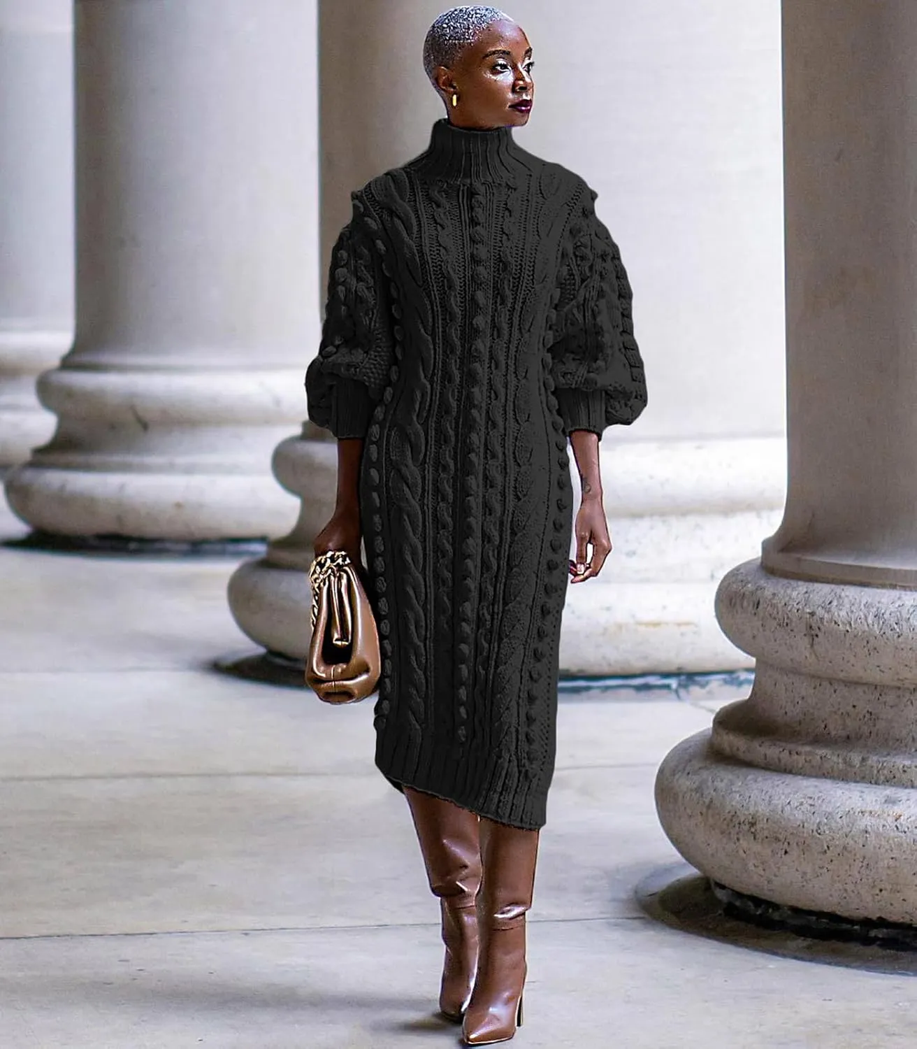 Angsuttc Women's Sweater Dresses Textured Knit Puff Sleeve High Neck High Split Hem Maxi Dress