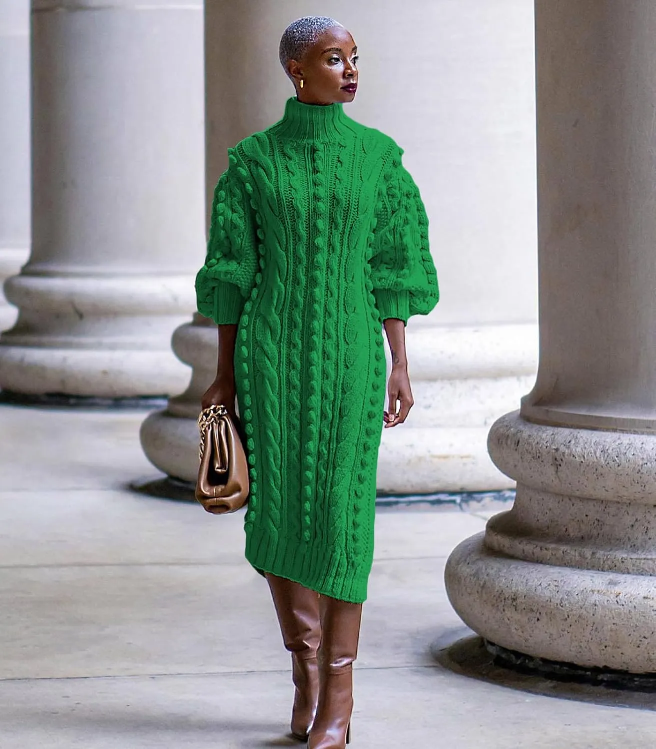 Angsuttc Women's Sweater Dresses Textured Knit Puff Sleeve High Neck High Split Hem Maxi Dress