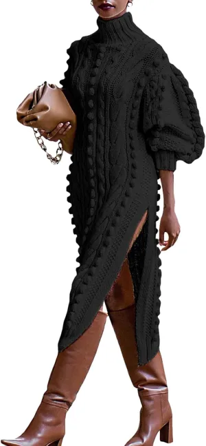 Angsuttc Women's Sweater Dresses Textured Knit Puff Sleeve High Neck High Split Hem Maxi Dress
