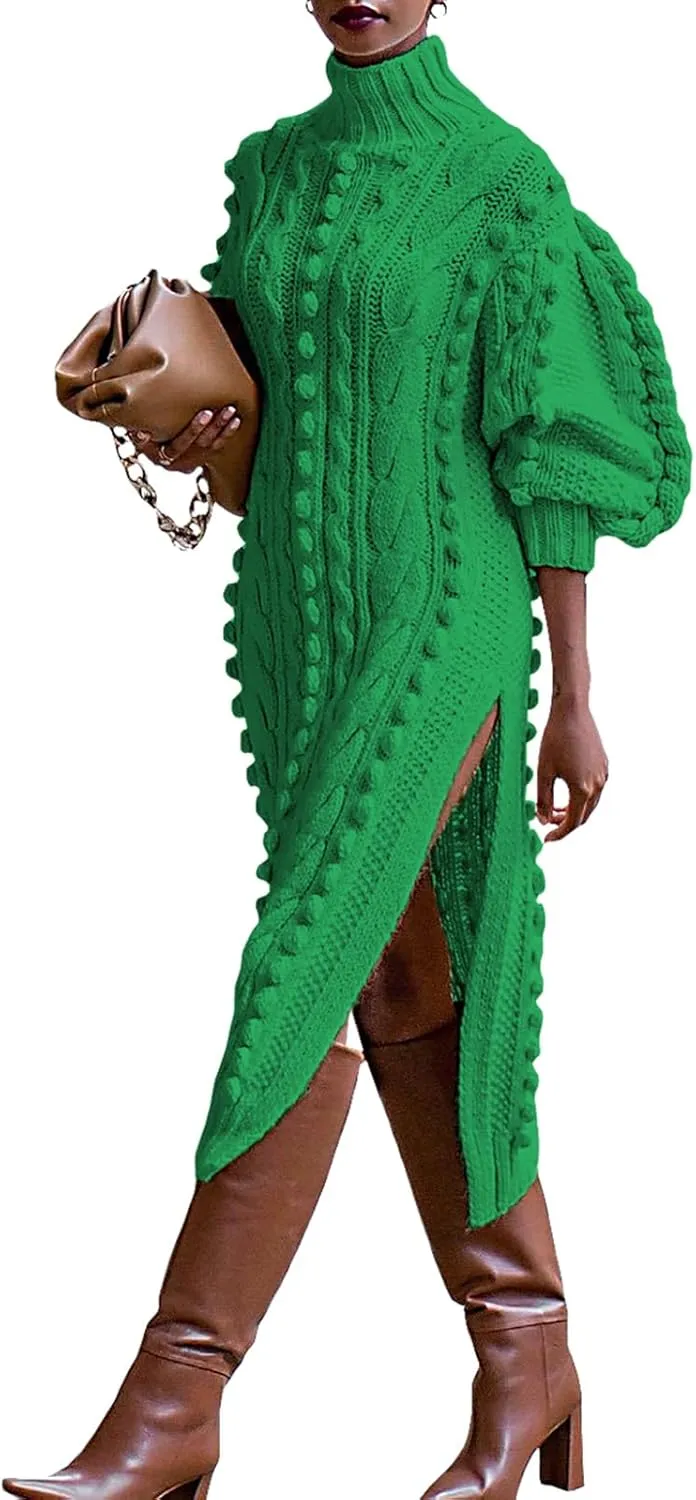 Angsuttc Women's Sweater Dresses Textured Knit Puff Sleeve High Neck High Split Hem Maxi Dress