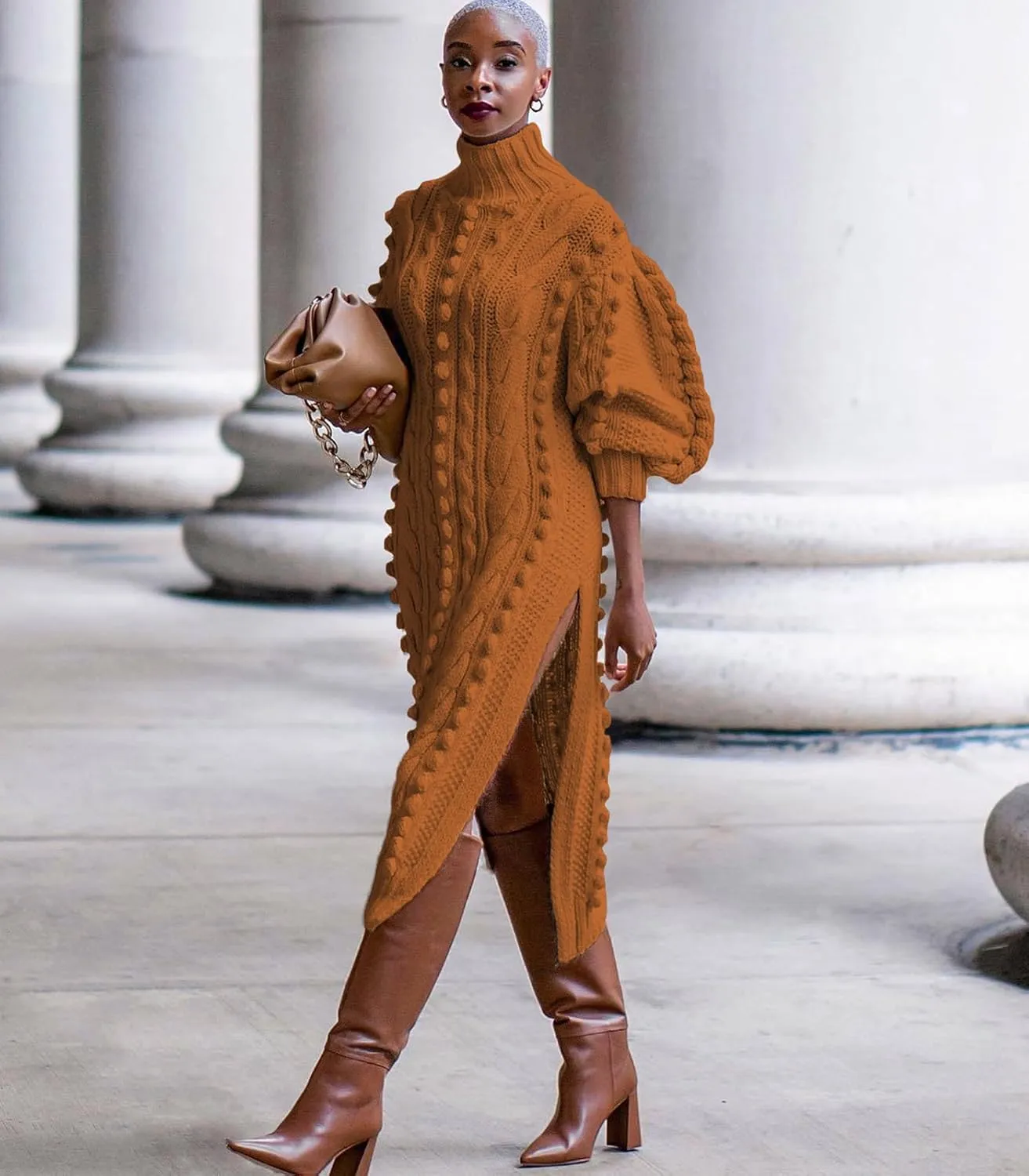 Angsuttc Women's Sweater Dresses Textured Knit Puff Sleeve High Neck High Split Hem Maxi Dress