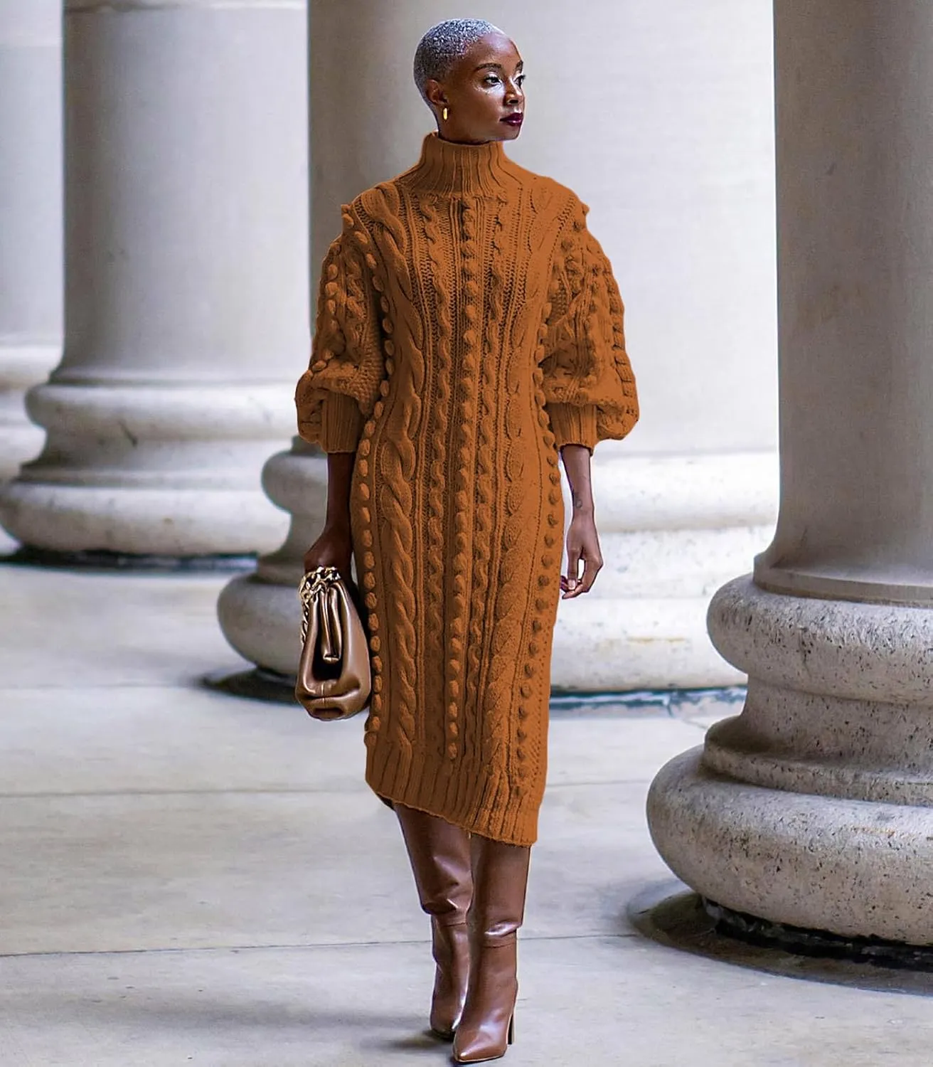 Angsuttc Women's Sweater Dresses Textured Knit Puff Sleeve High Neck High Split Hem Maxi Dress