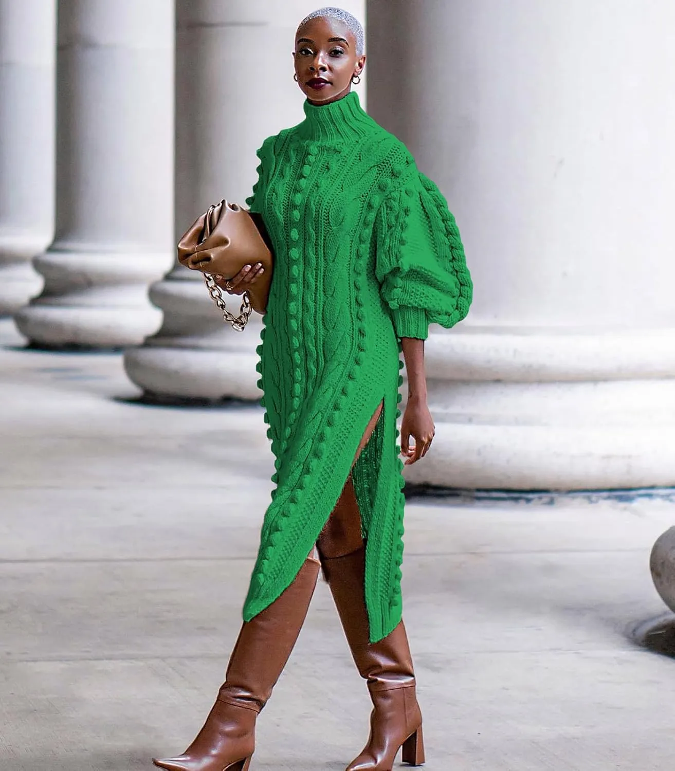 Angsuttc Women's Sweater Dresses Textured Knit Puff Sleeve High Neck High Split Hem Maxi Dress