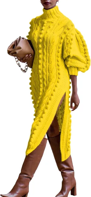 Angsuttc Women's Sweater Dresses Textured Knit Puff Sleeve High Neck High Split Hem Maxi Dress