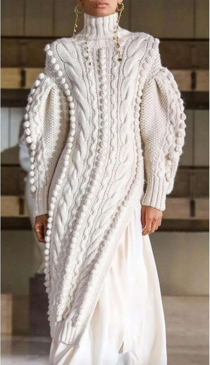 Angsuttc Women's Sweater Dresses Textured Knit Puff Sleeve High Neck High Split Hem Maxi Dress
