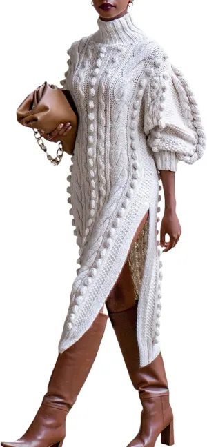 Angsuttc Women's Sweater Dresses Textured Knit Puff Sleeve High Neck High Split Hem Maxi Dress