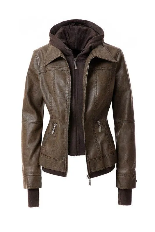 Annva USA Women's Hood PU Leather Jacket
