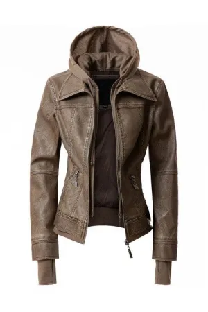 Annva USA Women's Hood PU Leather Jacket