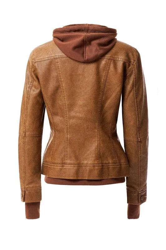 Annva USA Women's Hood PU Leather Jacket