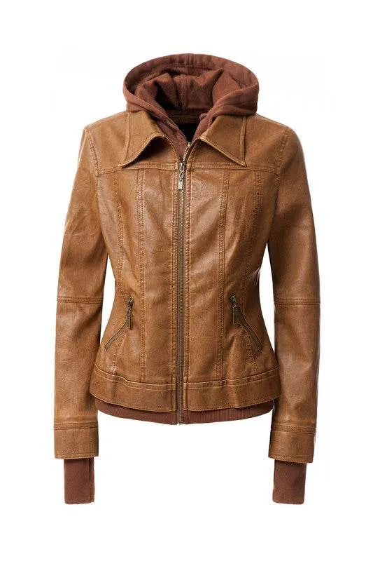 Annva USA Women's Hood PU Leather Jacket