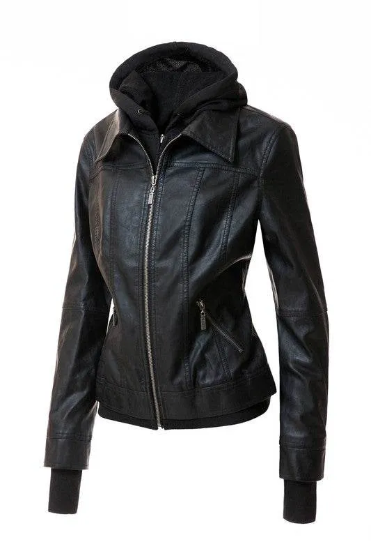 Annva USA Women's Hood PU Leather Jacket