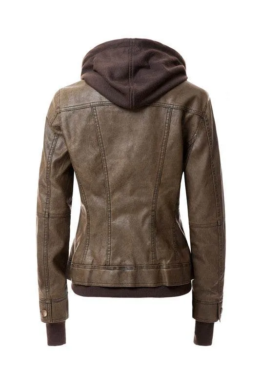 Annva USA Women's Hood PU Leather Jacket