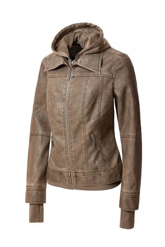 Annva USA Women's Hood PU Leather Jacket