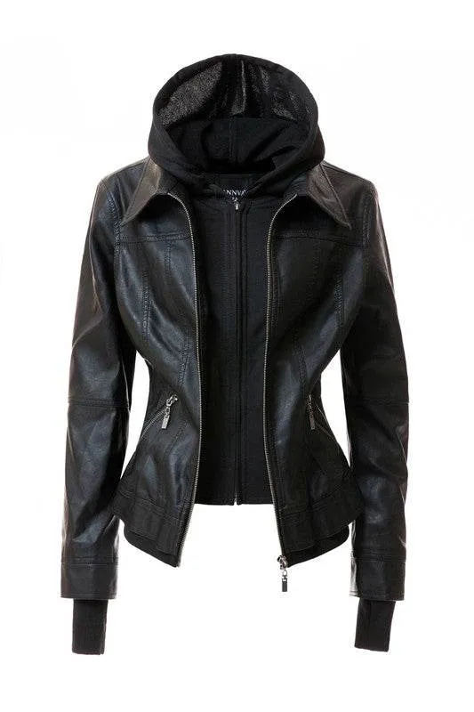 Annva USA Women's Hood PU Leather Jacket