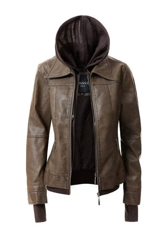 Annva USA Women's Hood PU Leather Jacket