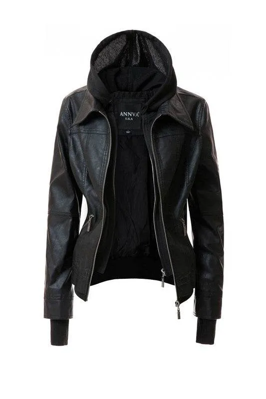Annva USA Women's Hood PU Leather Jacket