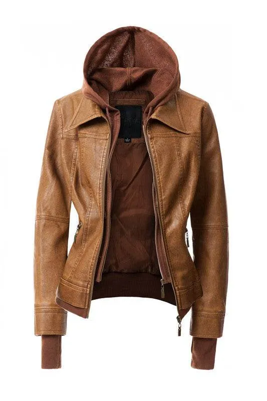 Annva USA Women's Hood PU Leather Jacket