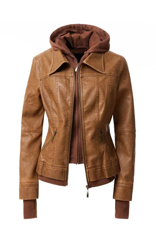 Annva USA Women's Hood PU Leather Jacket
