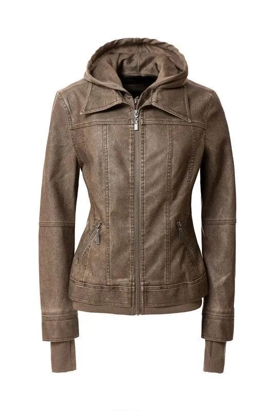 Annva USA Women's Hood PU Leather Jacket