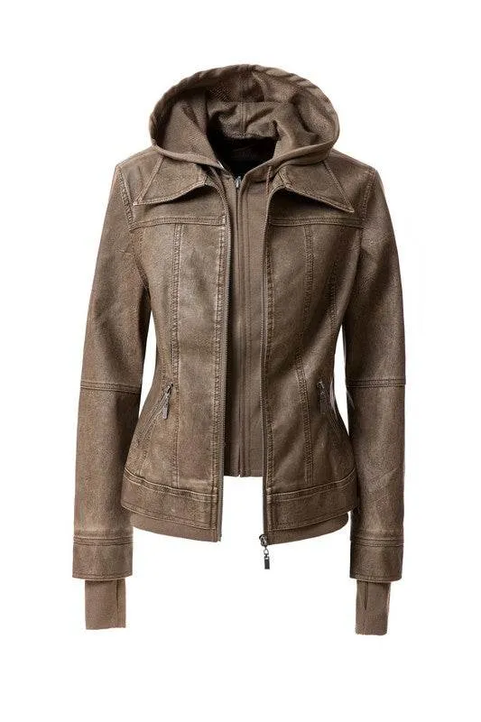 Annva USA Women's Hood PU Leather Jacket
