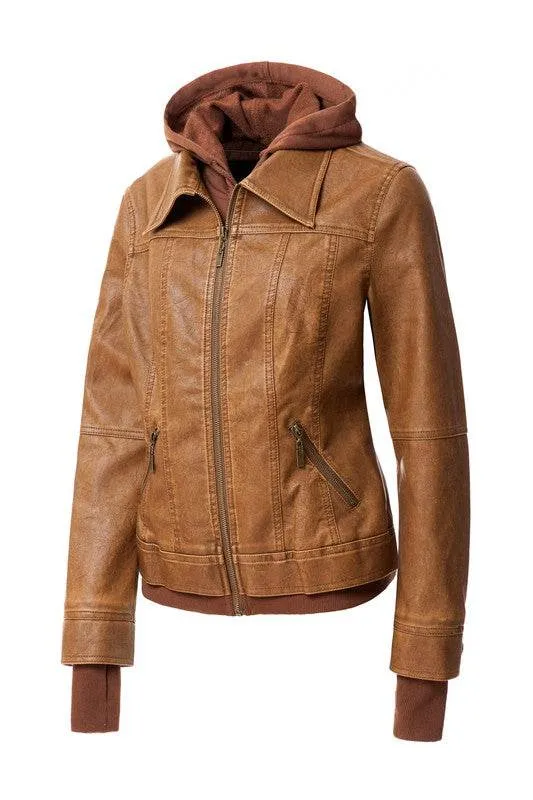 Annva USA Women's Hood PU Leather Jacket