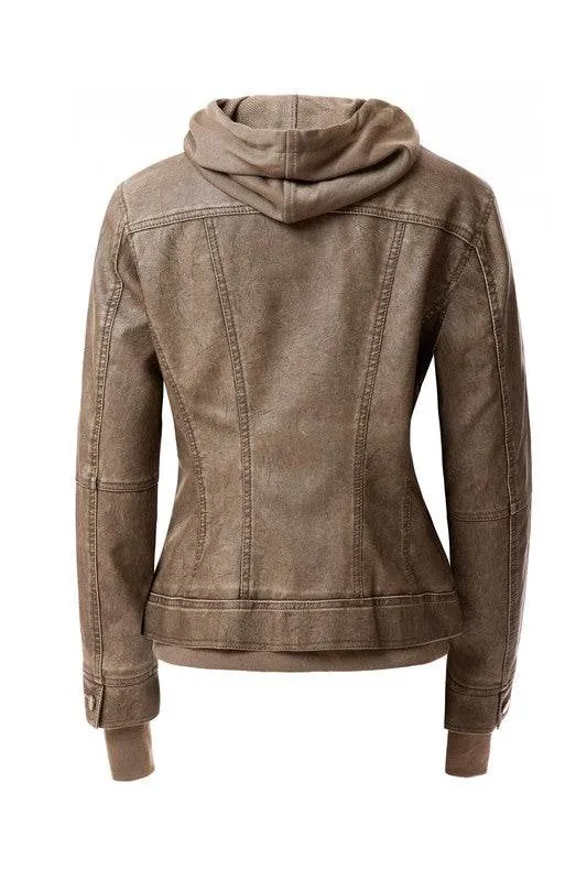 Annva USA Women's Hood PU Leather Jacket