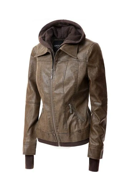 Annva USA Women's Hood PU Leather Jacket