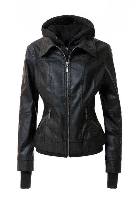 Annva USA Women's Hood PU Leather Jacket