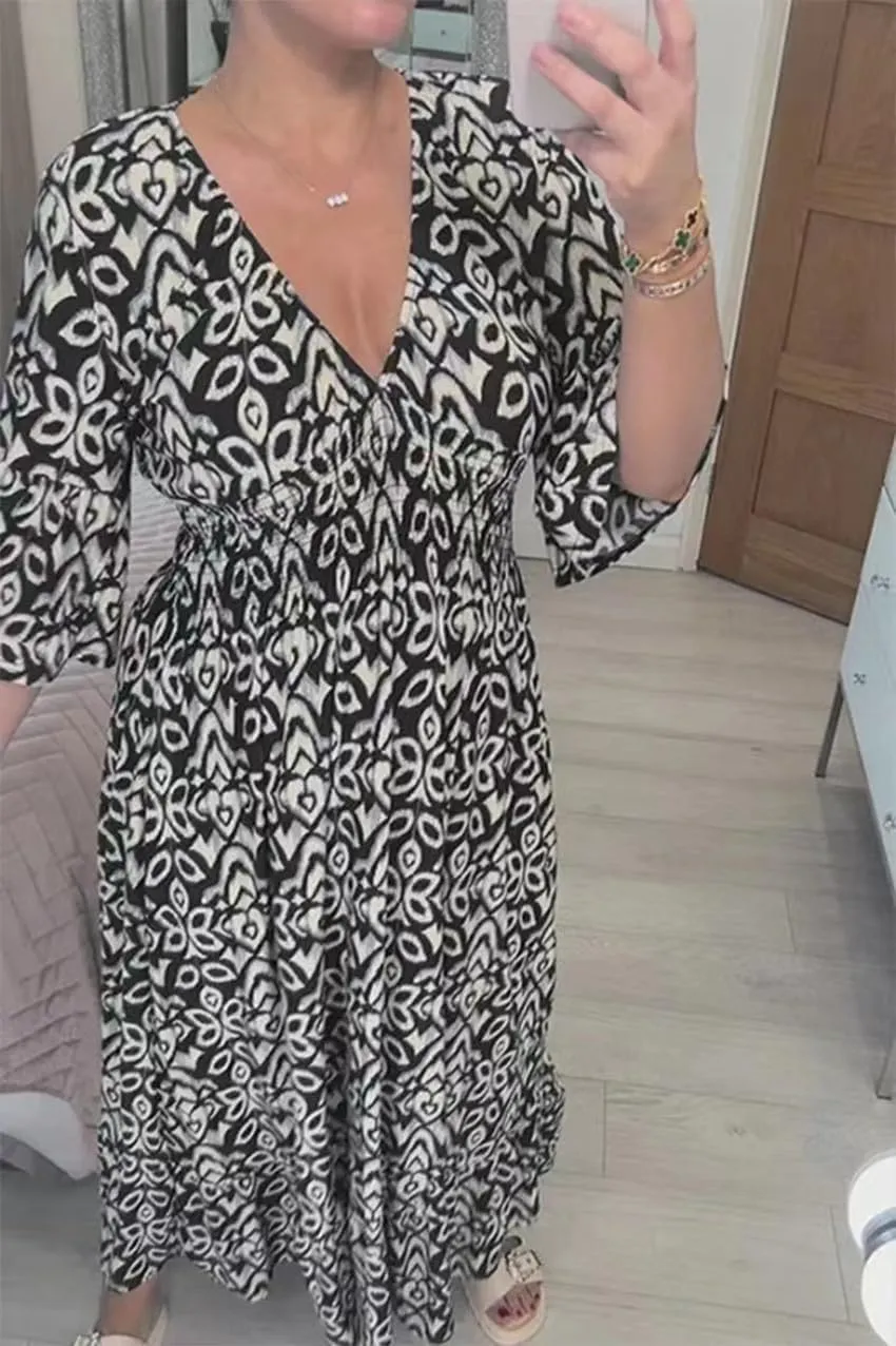 Apvirdy Summer Dresses for Women 2024 Casual V Neck Floral Bohemian Wrap 3/4 Sleeve Midi Boho Dress